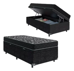 Cama Box Baú Solteiro + Colchão D20 Suede Preto 56x88x188cm É Bom