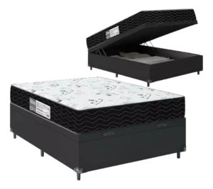 Cama Box Baú Casal + Colchão D33 One Face Couro Preto É Boa