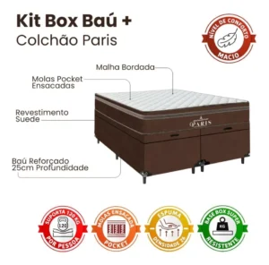 Cama Box Baú Queen Bipartido + Colchão Paris Molas Ensacadas É Bom